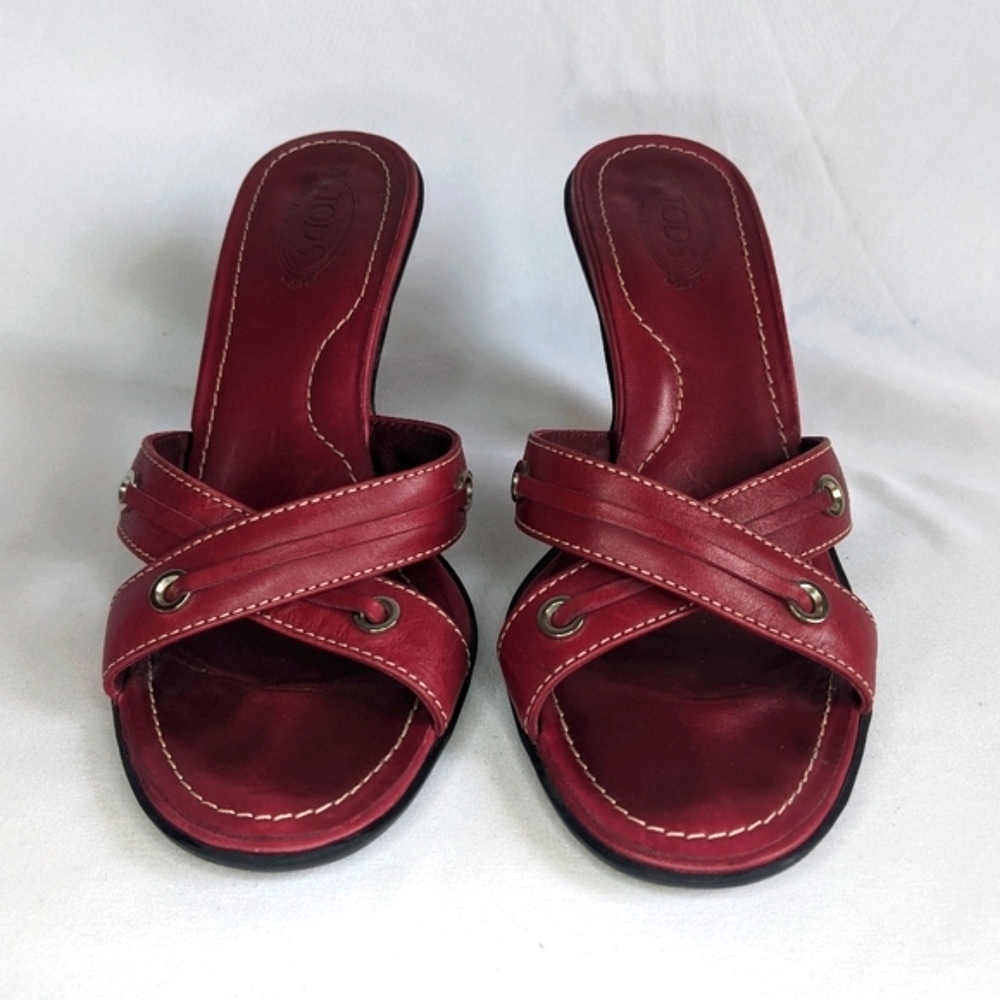 TOD'S Red Leather Strappy Sandal Heel - Picture 2 of 11